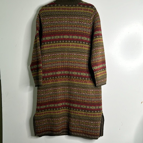 ORVIS wool long sweater cardigan  button front size L olive green red Nordic - Picture 8 of 11